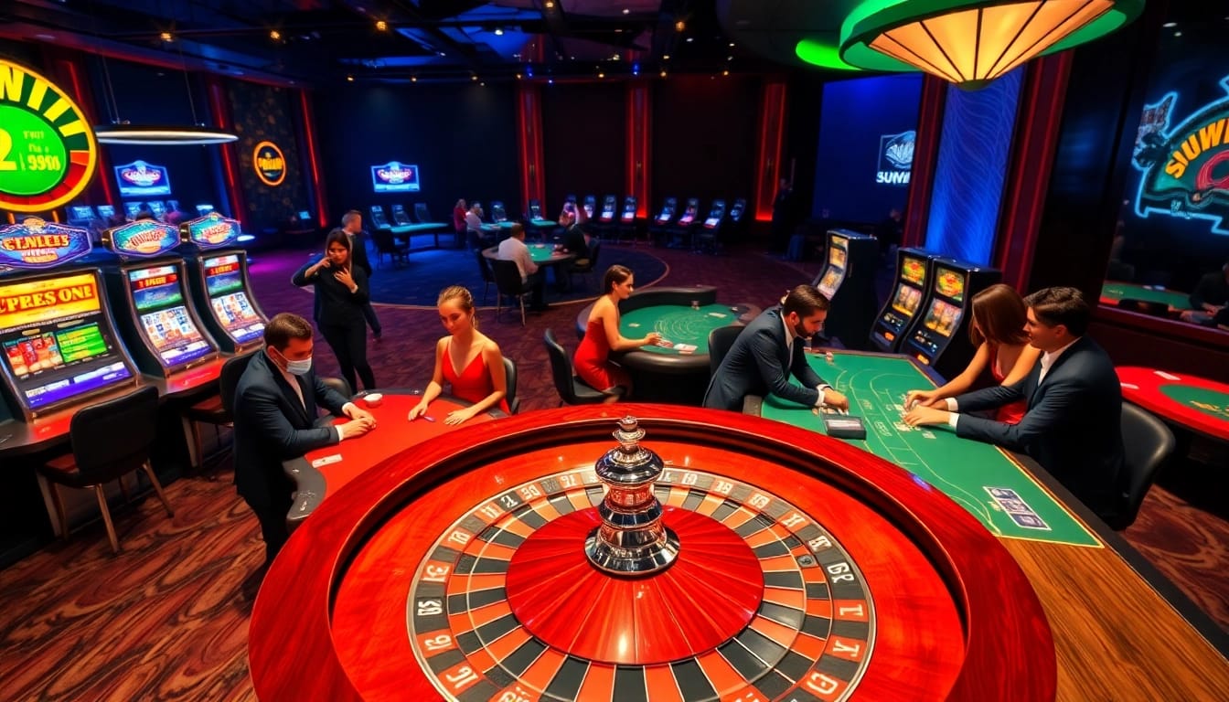 Experience sunwin's exciting gaming atmosphere with players at poker and roulette tables.