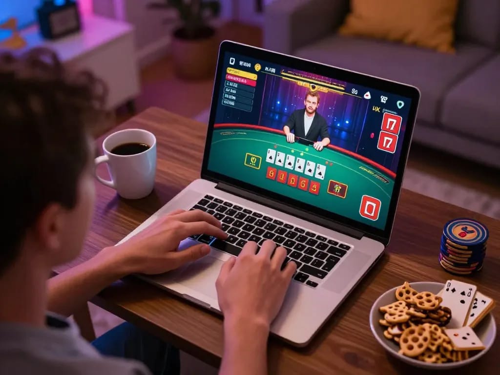 SIN88 player engaged in a live blackjack game on a laptop with a cozy setup and snacks.