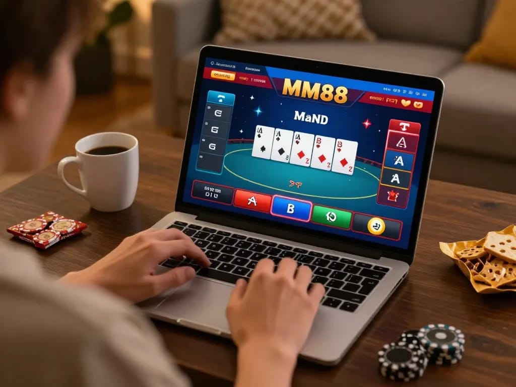 Experience immersive online gaming at MM88 with vibrant poker display and cozy home atmosphere