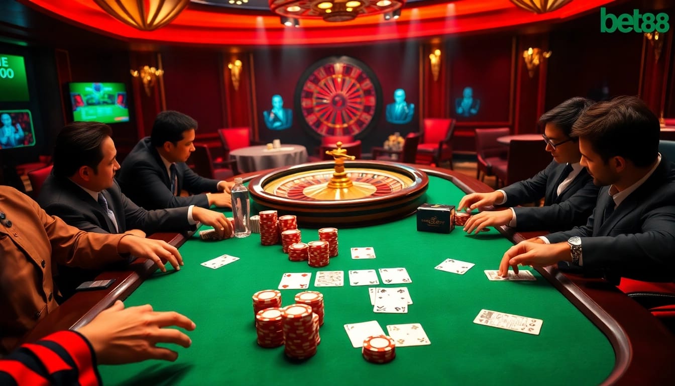 Exciting poker scene highlighting nhà cái BET88 with players, chips, and cards.