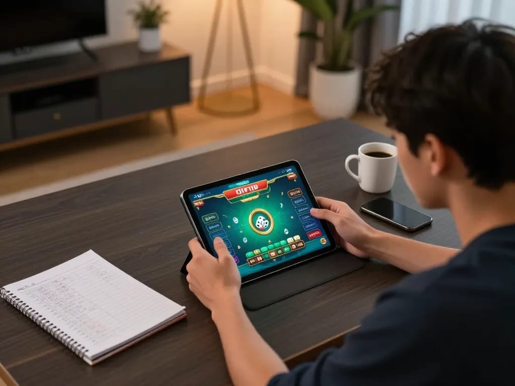 Tai xỉu gameplay displayed on a tablet in a cozy home setup, highlighting strategic focus and engagement