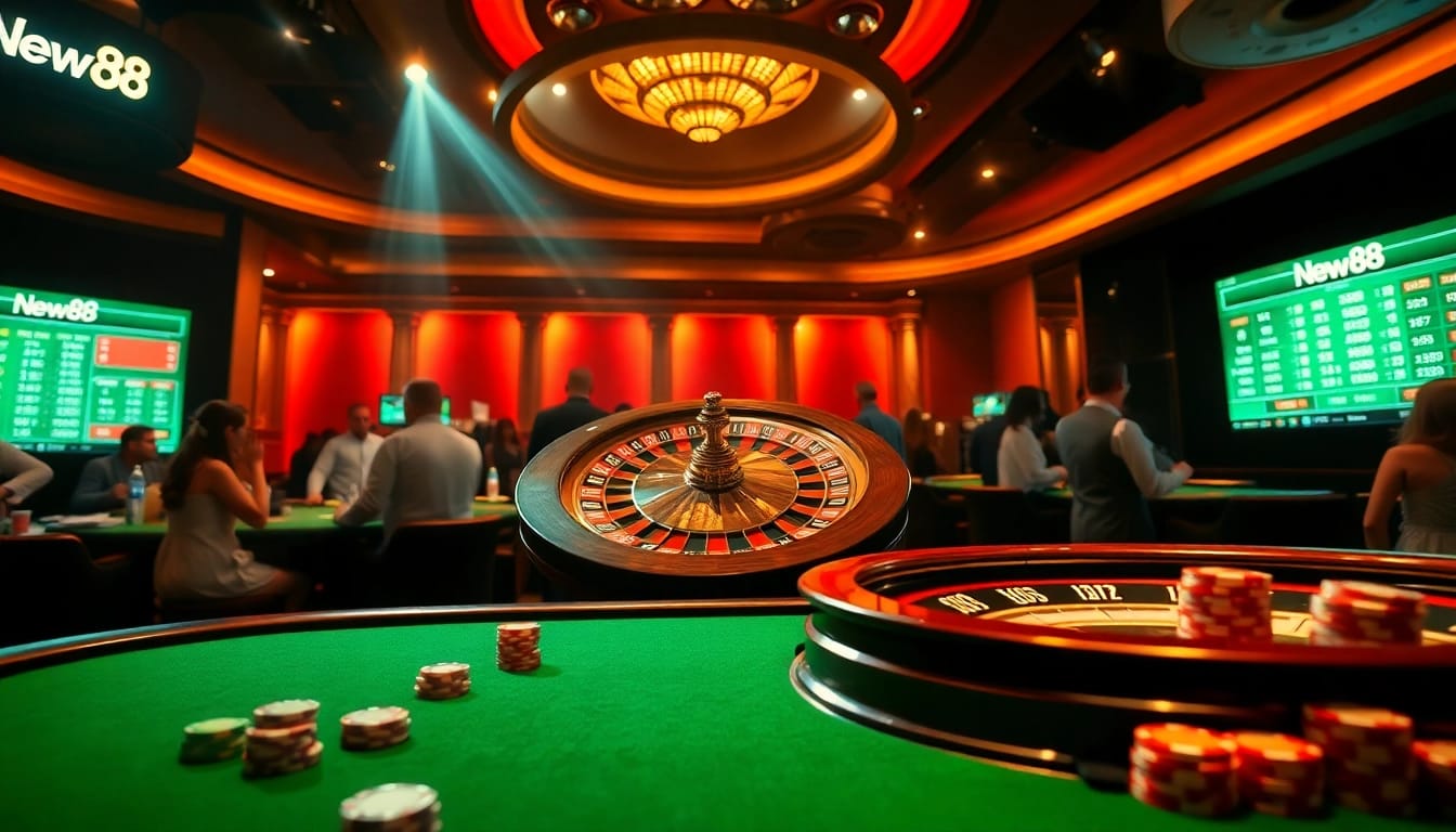 A vibrant scene of gamblers enjoying the new88 casino experience with roulette and poker elements.