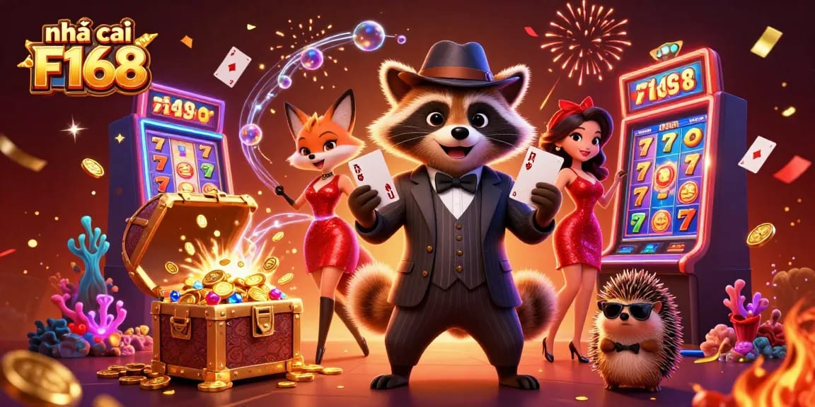 Engage with nhà cái F168 by winning at slots, surrounded by vibrant casino elements and characters.