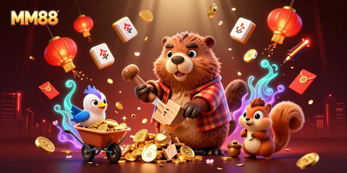 MM88 showcases thrilling gaming elements as a cartoon beaver collects golden coins in a vibrant casino setting.