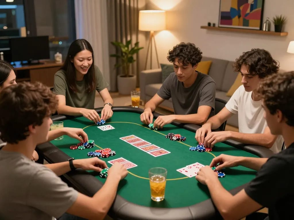 Bạn bè tận hưởng đêm chơi poker trong khi lên chiến lược tại nhà với công cụ chơi game của 12bet.