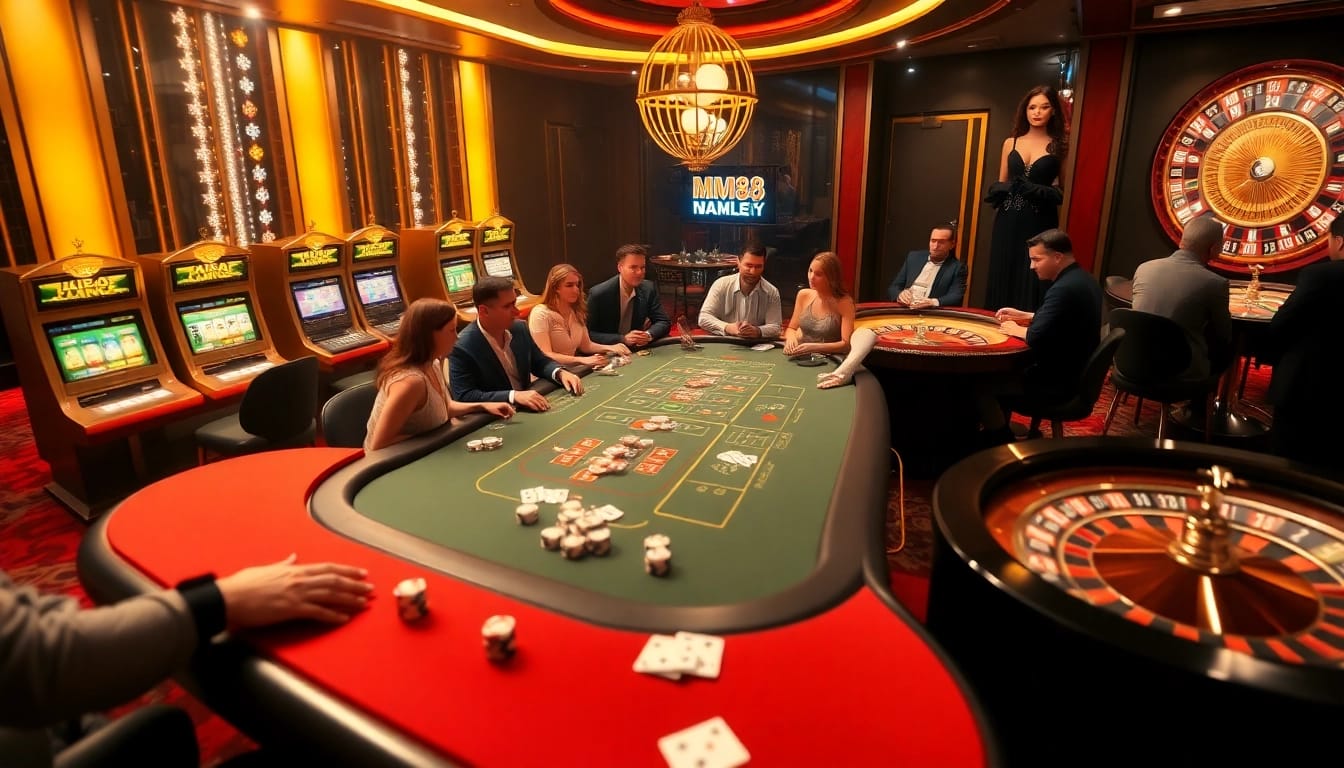 MM88 players enjoying an exhilarating poker game at a luxurious casino table.