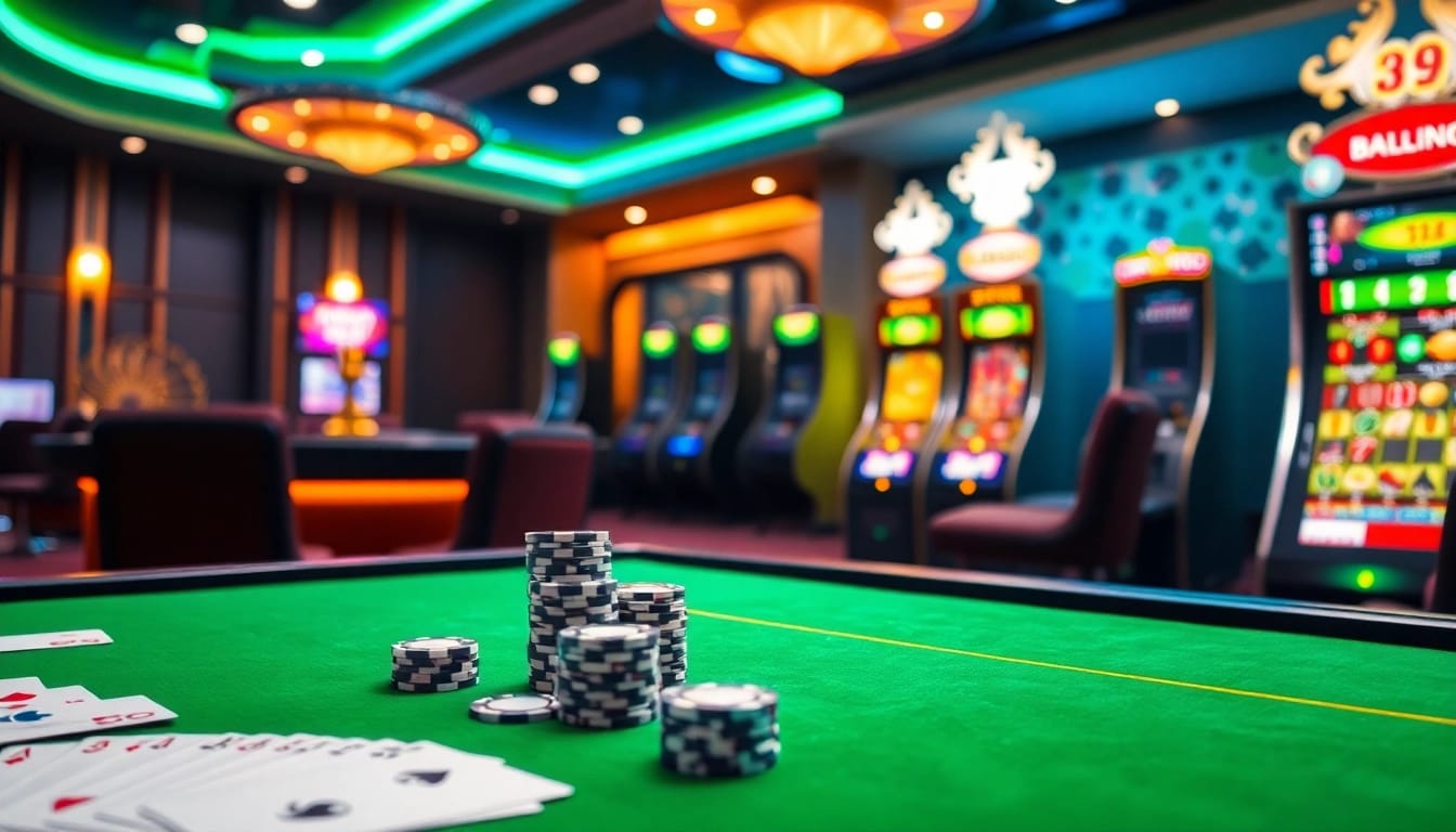 Engaging players at nhà cái PS99 casino with vibrant tables and colorful chips.