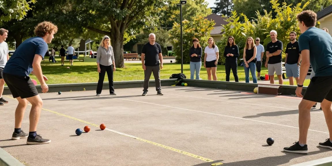 Engaged players at fopikotagorontal.org's lively petanque match in a sunny park.