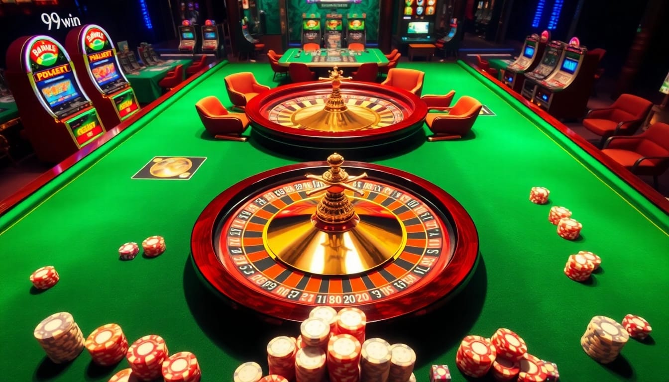 Engage in thrilling casino action with 99win, featuring poker chips, a roulette wheel, and vibrant tables.