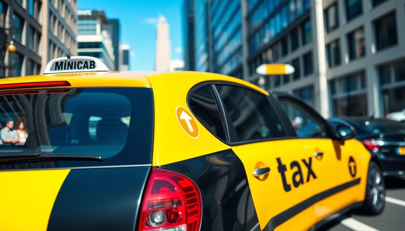 Minicabs parked in a busy urban street, highlighting their vibrant presence.