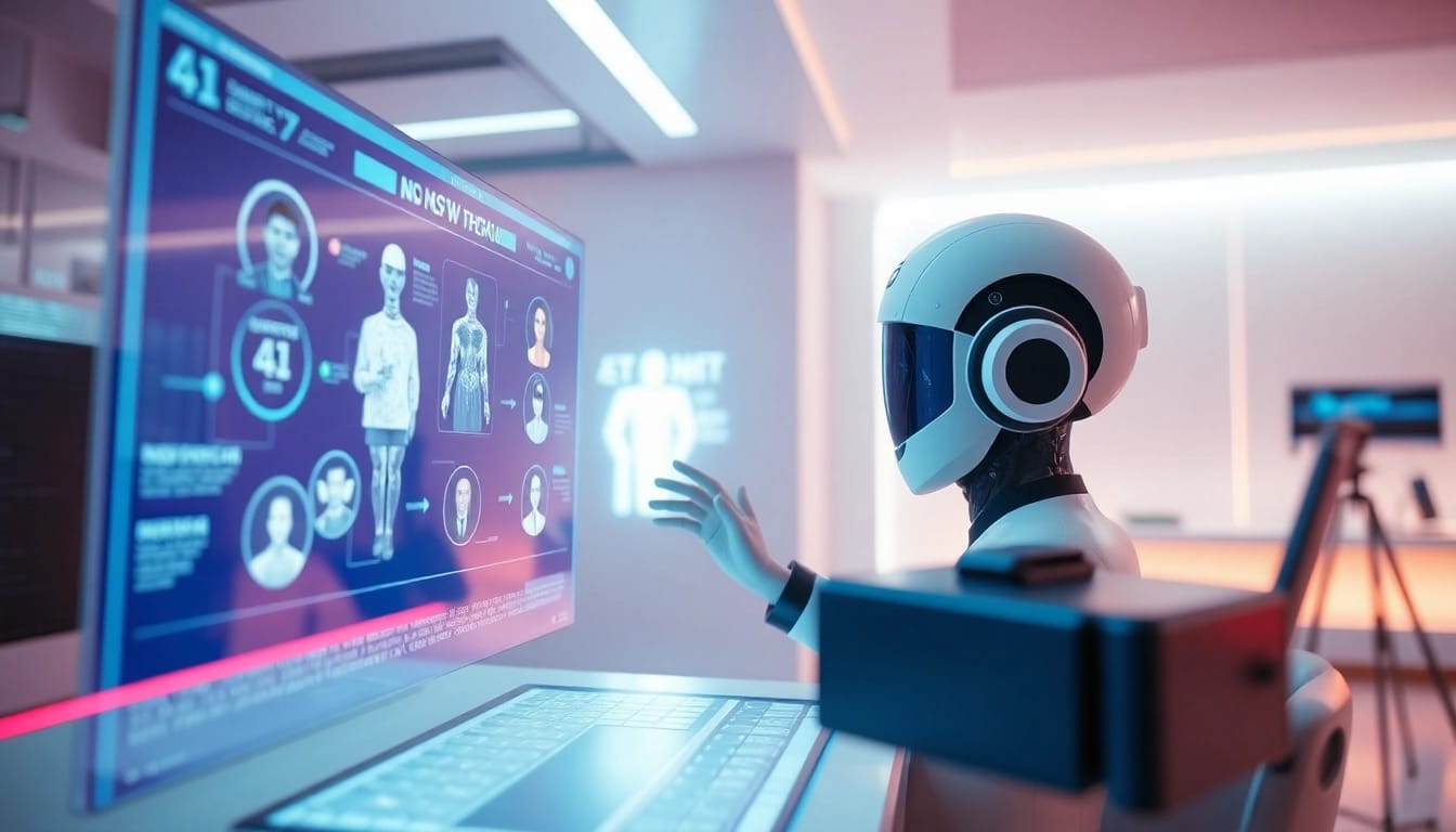 NSFW AI interface featuring user interaction with digital characters in a futuristic setting