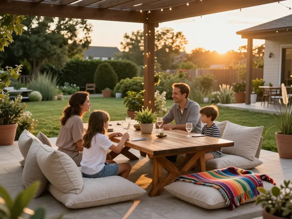 A family using the veranda configurator to design their ideal outdoor living space, showcasing a cozy atmosphere with stylish furniture and plants.