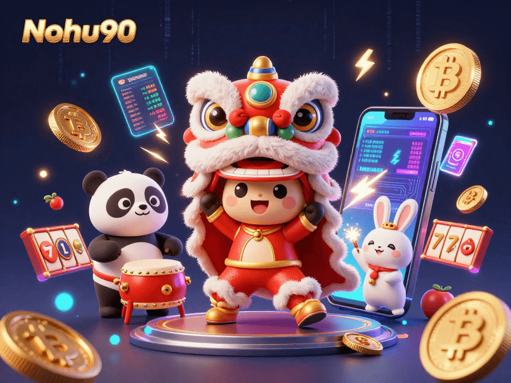 Nohu90 showcases vibrant lion dance characters amidst animated slot machine elements for an engaging casino experience.
