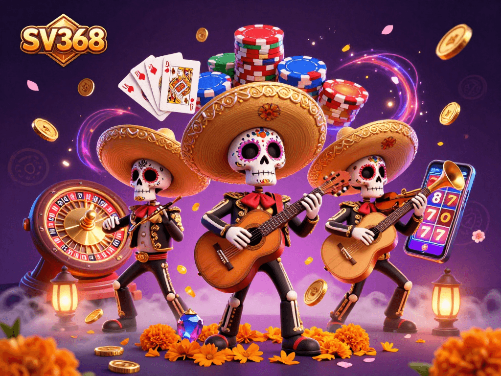 Engage with SV368's vibrant casino scene featuring dynamic mariachi characters amidst golden coins and festive energy.