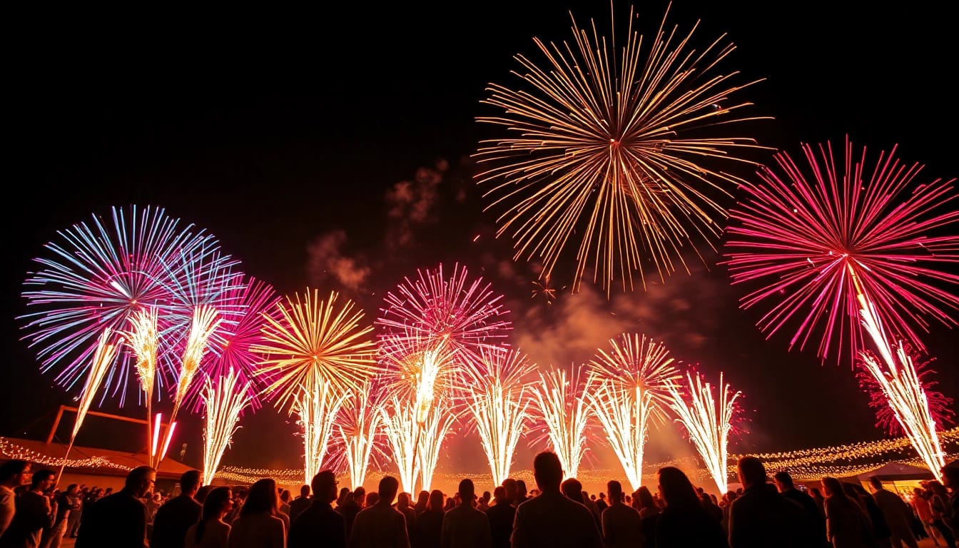 Exciting display of fireworks for sale against a night sky, showcasing vibrant colors and festive atmosphere.