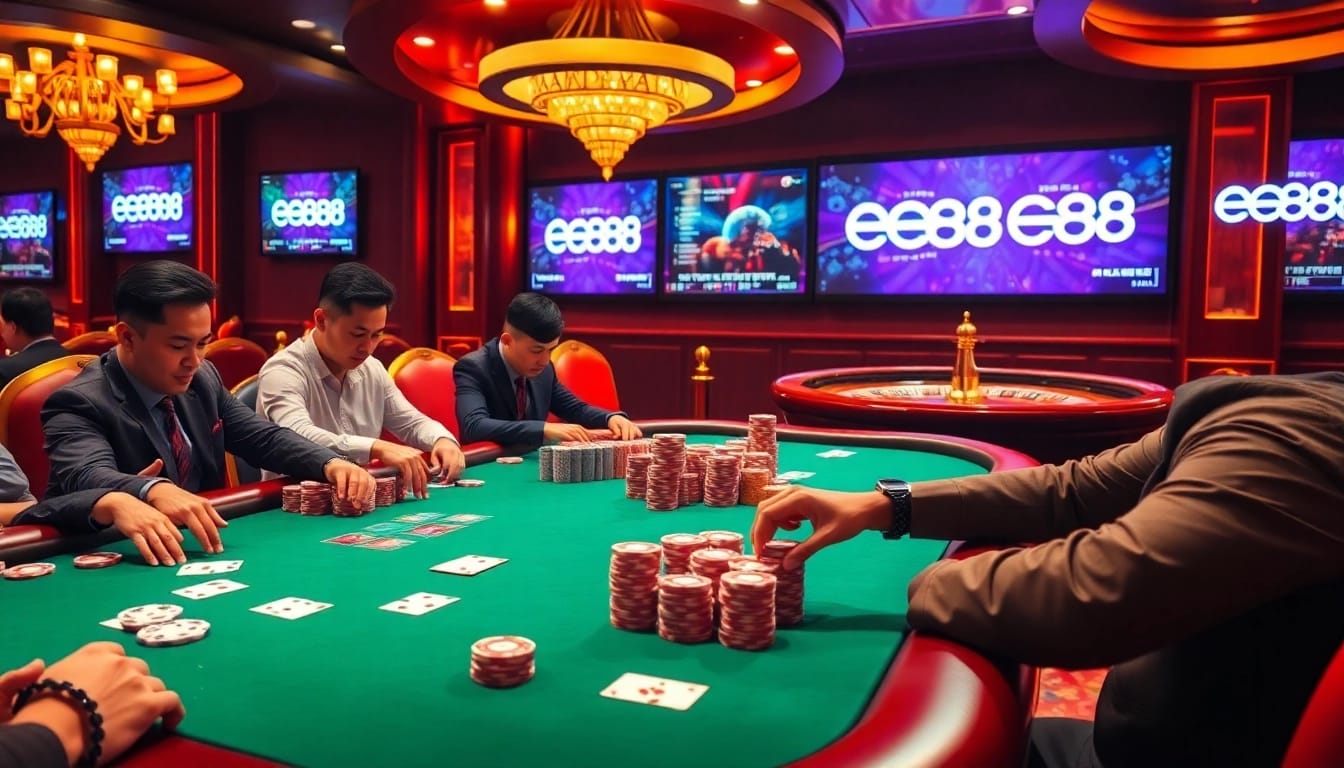 EE88 poker table action with vibrant chips and cards in a luxurious casino setting