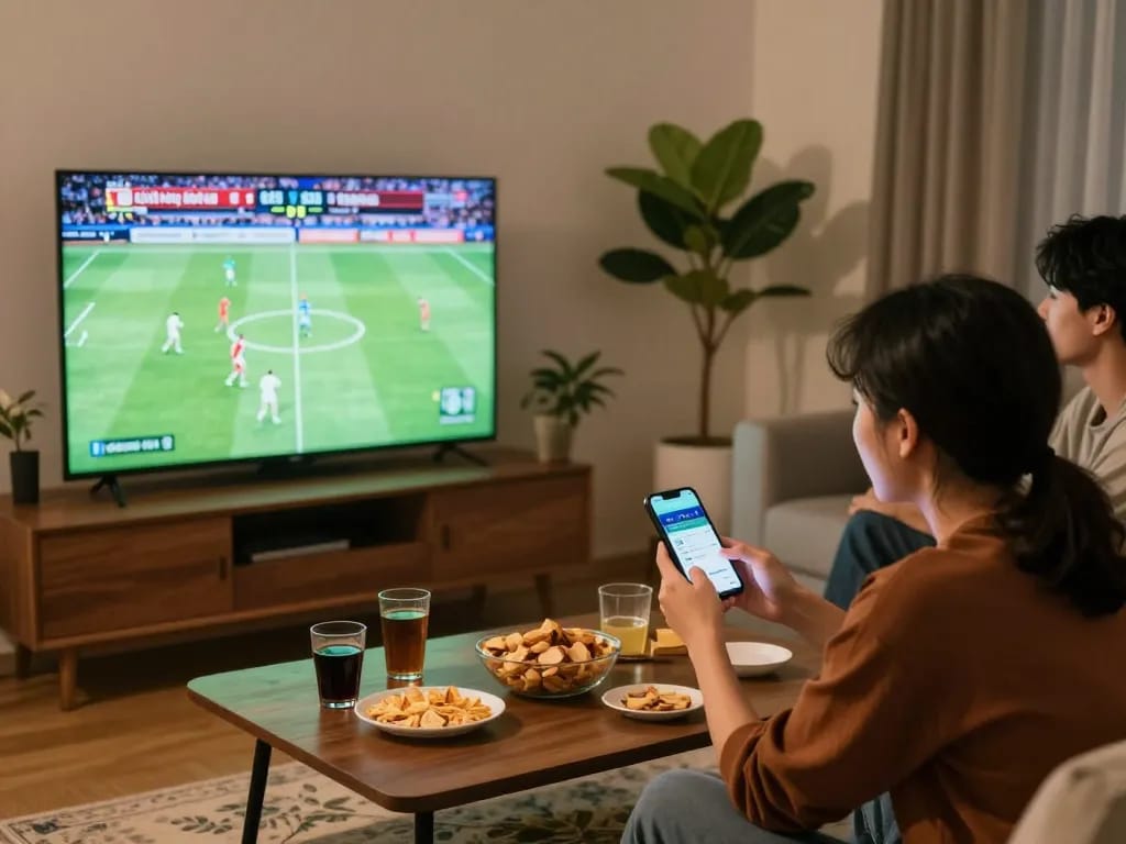 Fans engaging in sports betting on kênh trực tiếp bóng đá xôi lạc tv during a lively football match viewing.