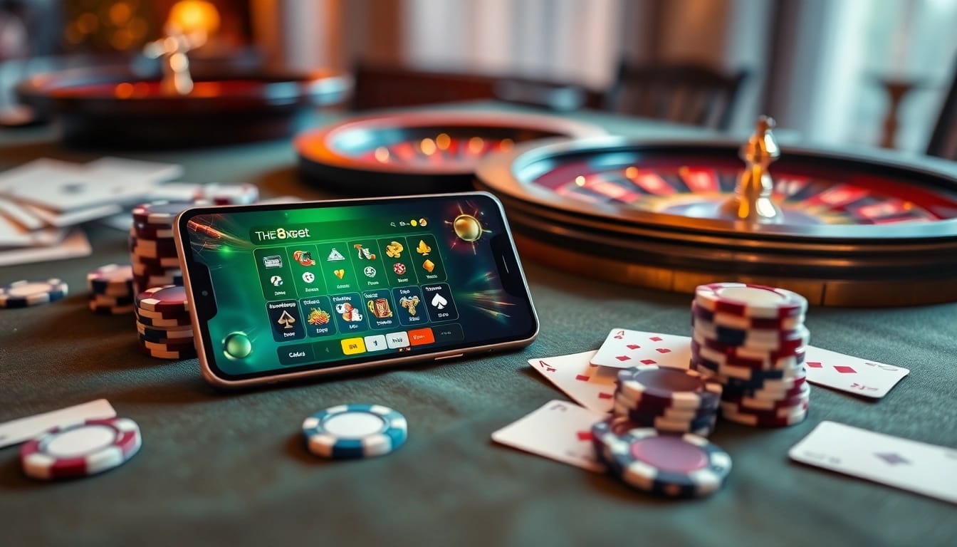 tải 8xbet app displayed on a smartphone surrounded by casino elements like poker chips and cards.