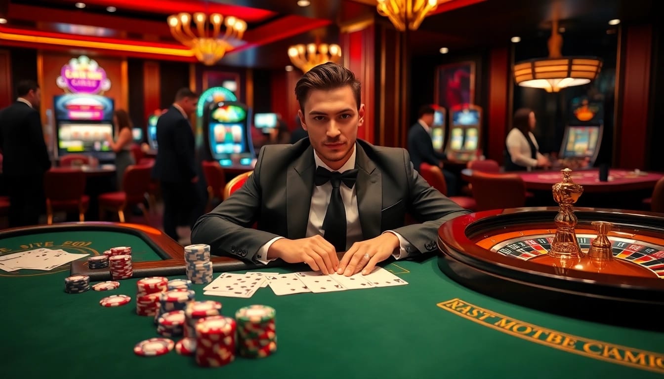 A thrilling gambling scene at alo789 showcasing a poker table and roulette wheel filled with chips.