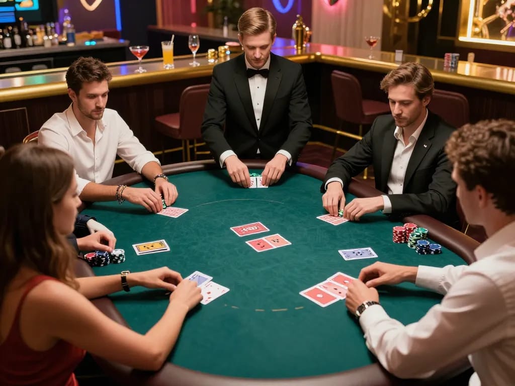 Players engage in a thrilling poker game at 8kbet's upscale casino, capturing the excitement and strategy involved.