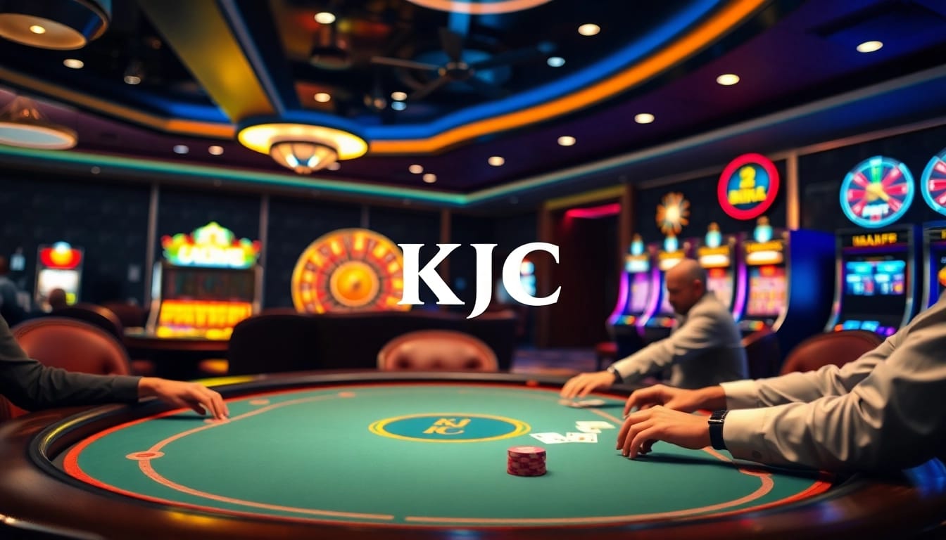 KJC casino table showcasing intense poker gameplay with vibrant chips and cards, illustrating luxury and excitement.