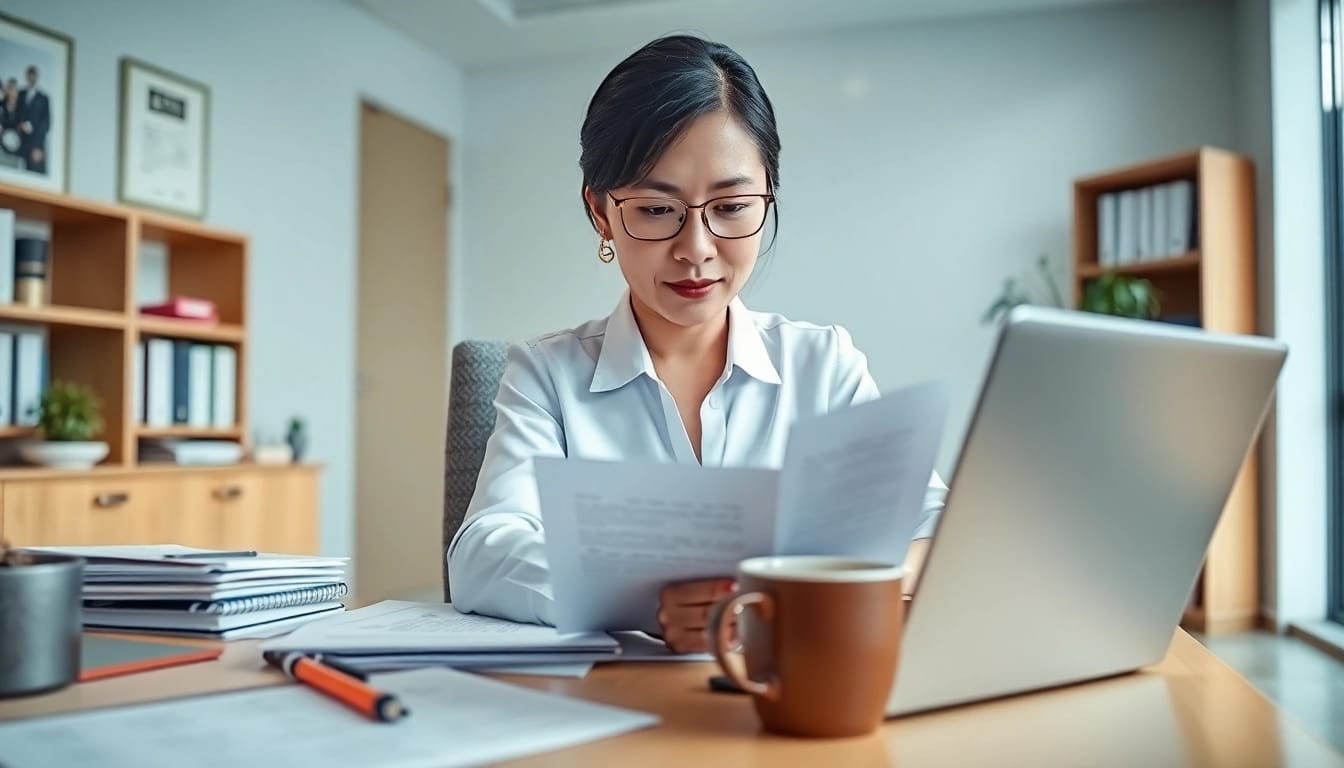 Sworn translator reviewing legal documents in a modern office setting.