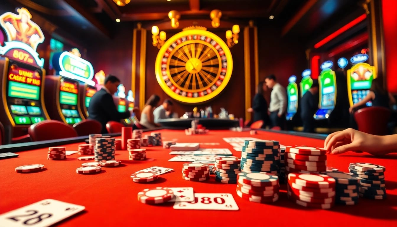 Exciting gambling scene with VJ88 branding, featuring poker chips and a roulette wheel.