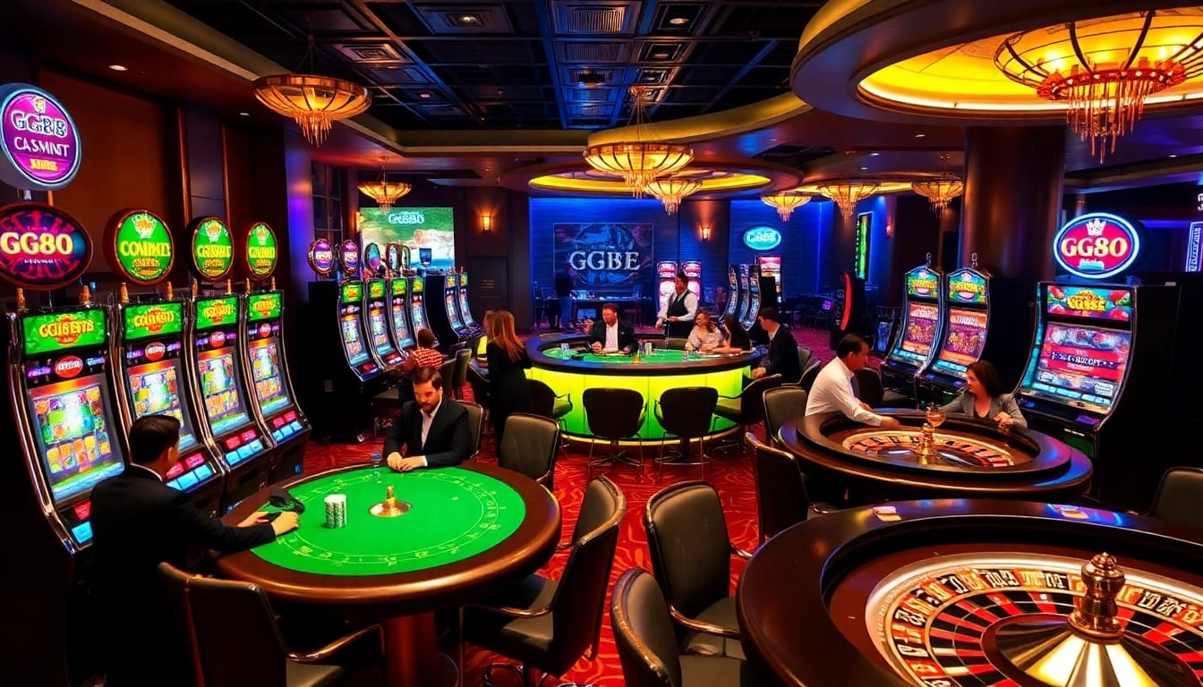 Players enjoying GG88-themed slots and poker games in a vibrant casino atmosphere.
