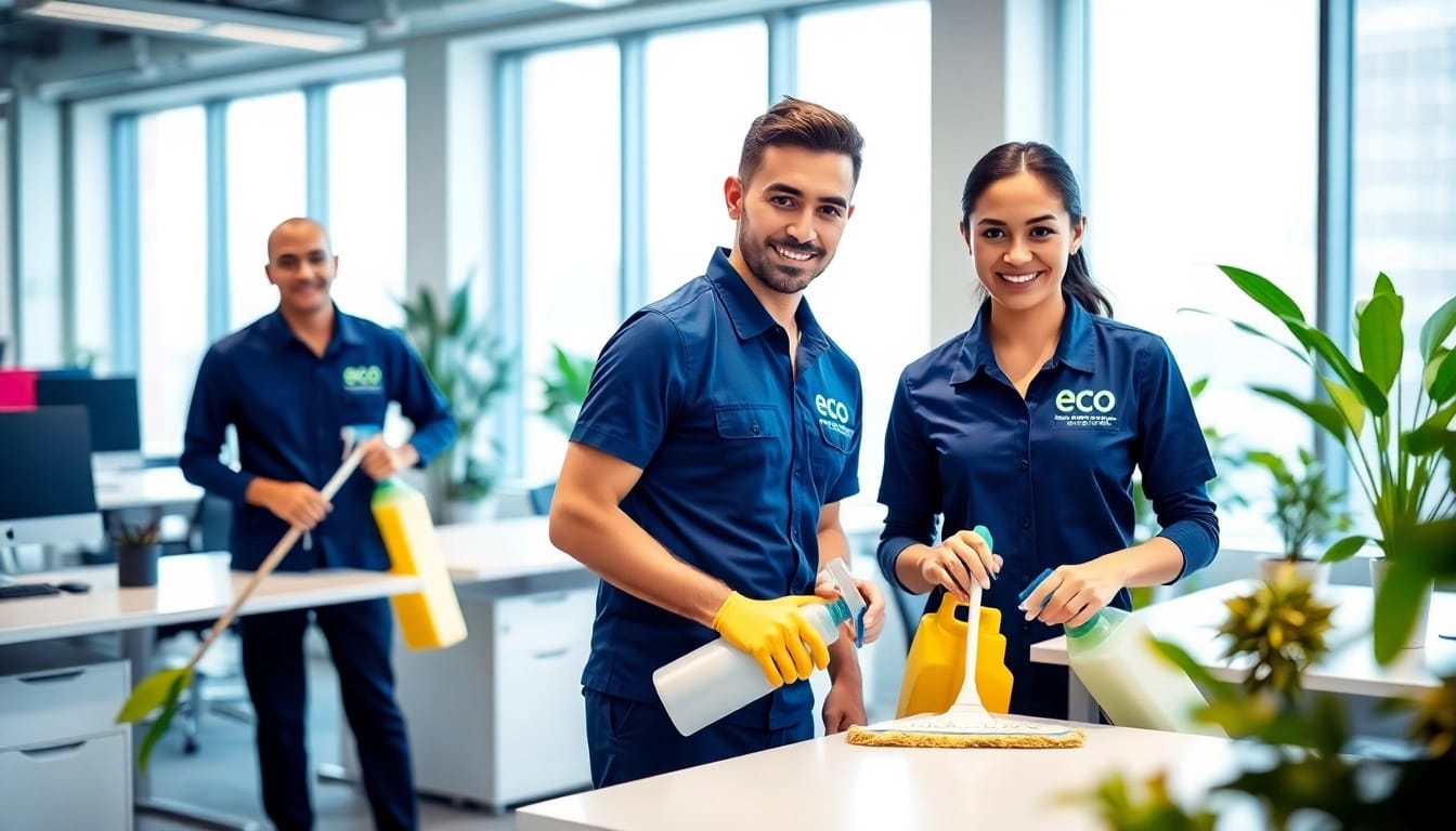 Professional team providing commercial cleaning services in a bright office space.