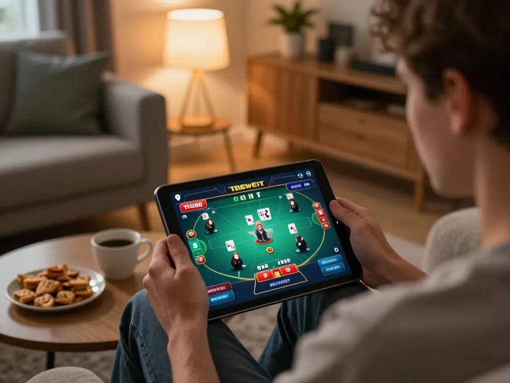 Engage with the tg88 link while playing poker online on a tablet in a cozy home setting.