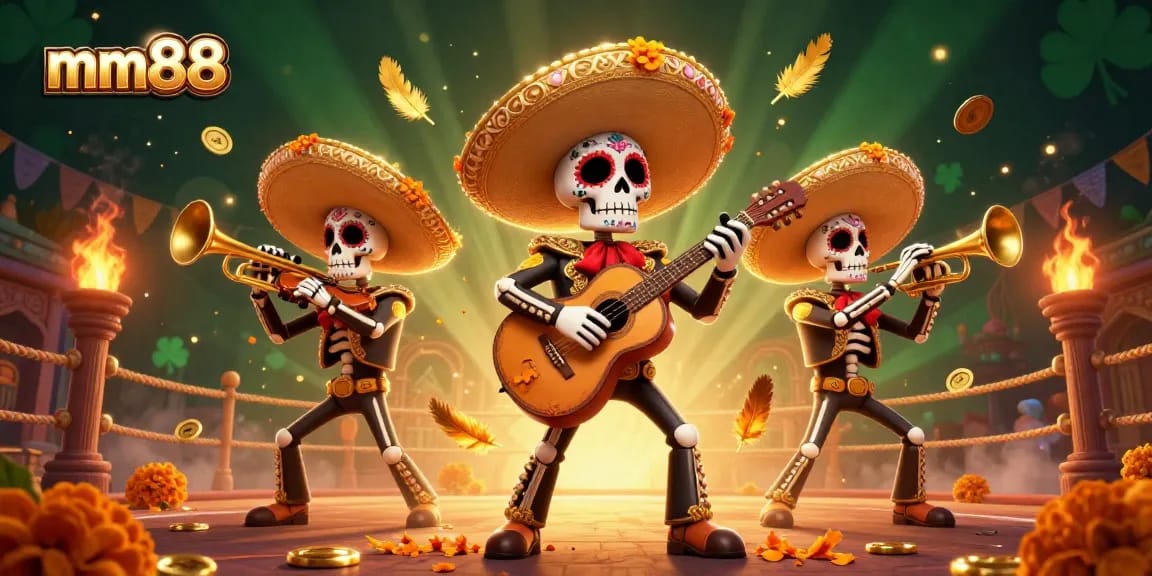 Experience thrilling action at mm88 with a vibrant mariachi band surrounded by gold coins and festive decorations.