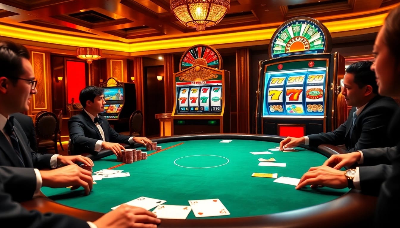 Experience the thrilling casino atmosphere at Bet88 with vibrant poker tables and exciting slot machines.