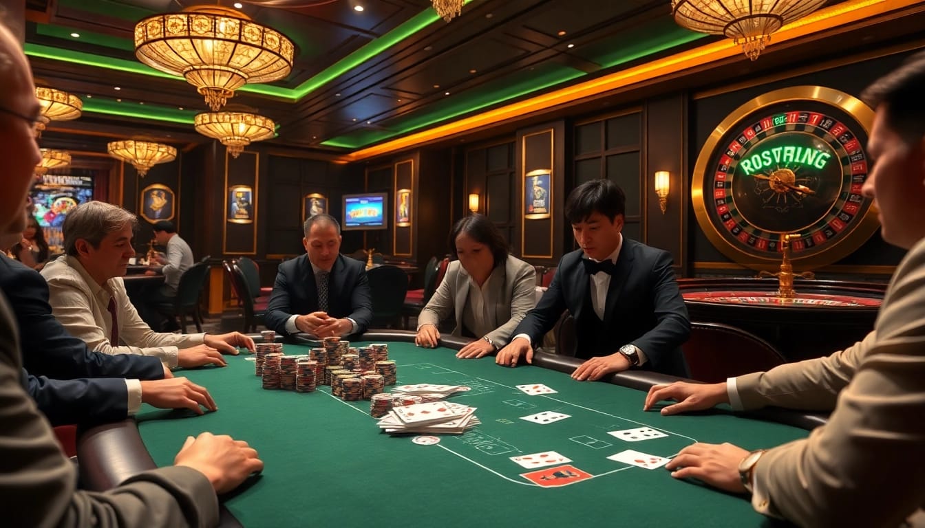Engage in the thrilling bancadoithuong casino experience with vibrant poker tables and luxury decor.