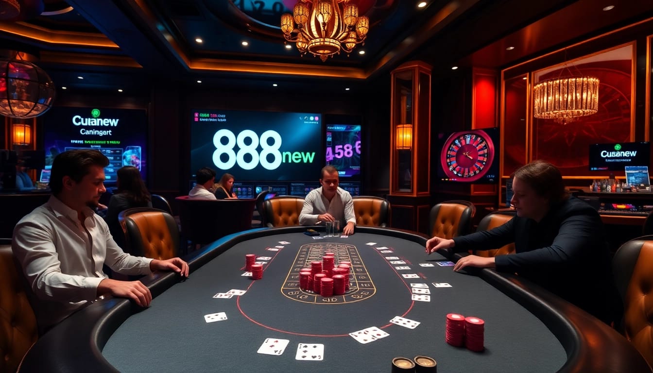 Players enjoy a dynamic blackjack game at 888new casino with vibrant chips and immersive atmosphere.