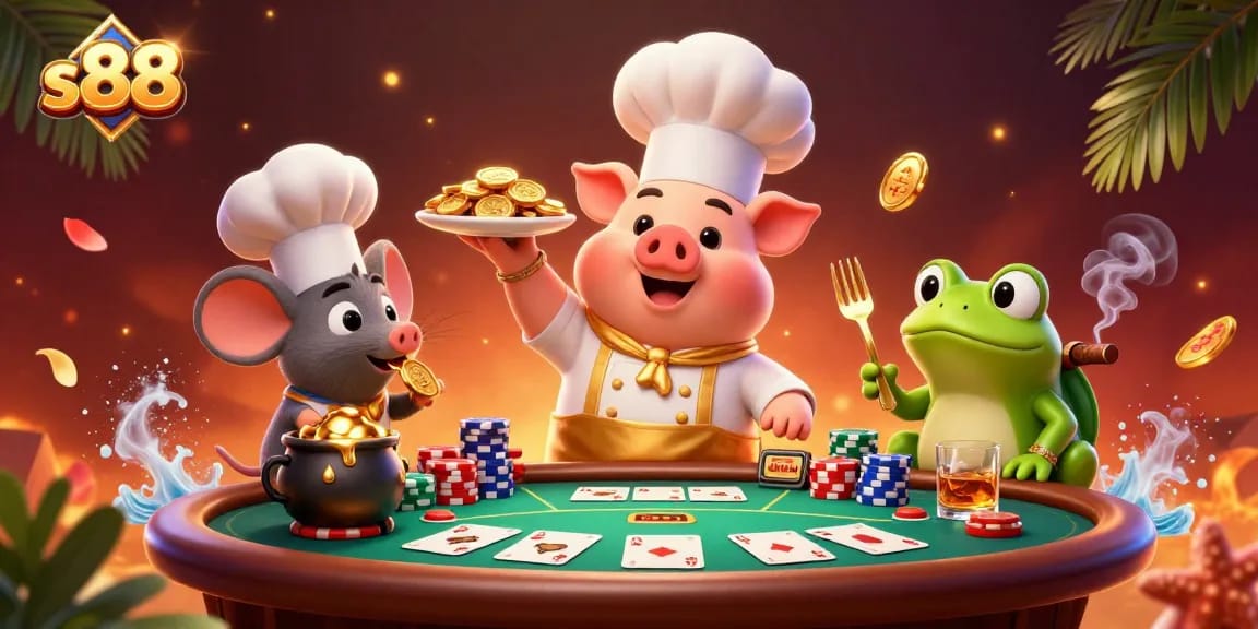 Experience the excitement of s88 casino with a chef pig serving gold coins in this vibrant illustration.