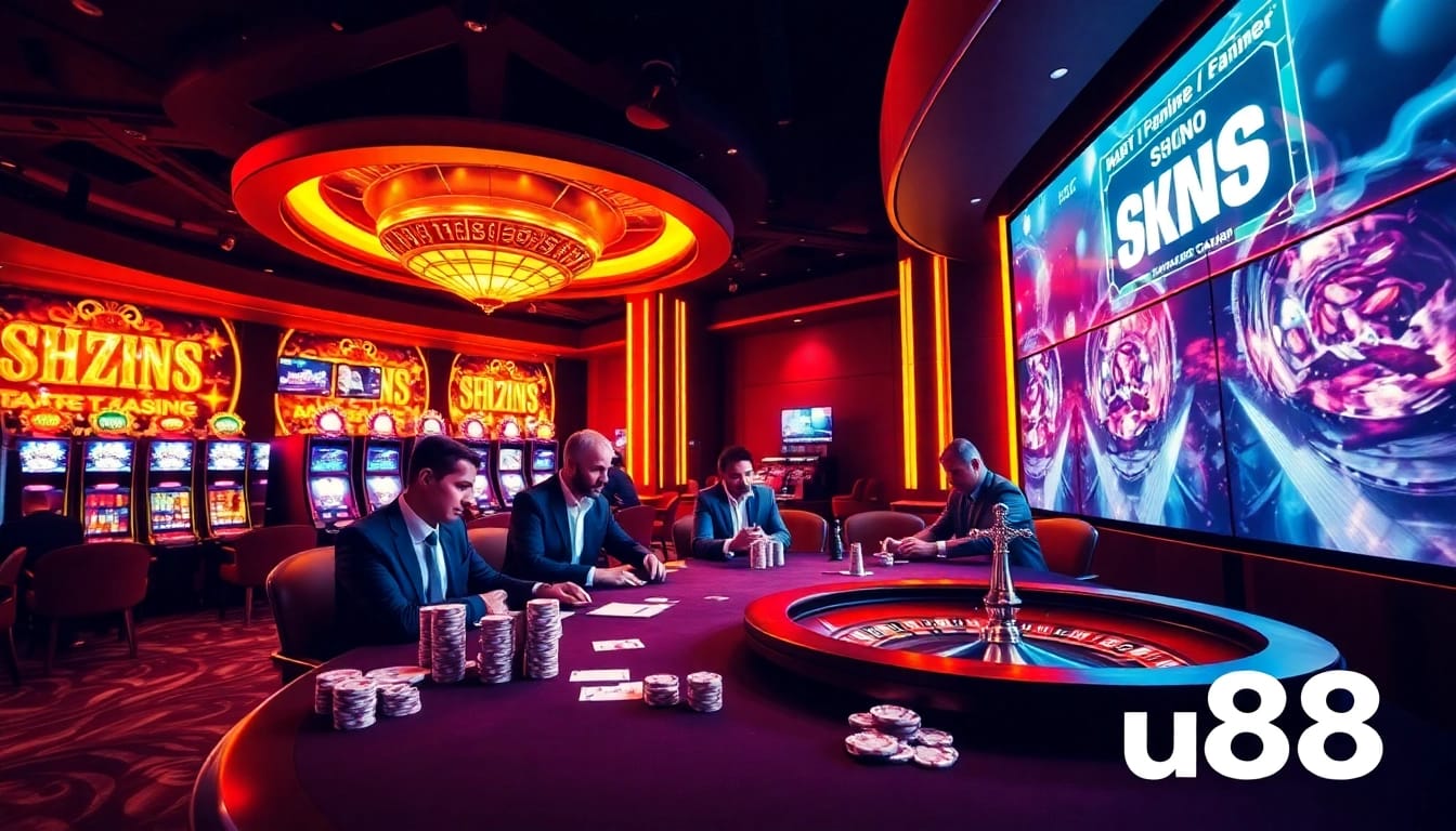 Join the excitement of uu88 at a luxurious poker table amid vibrant casino elements.