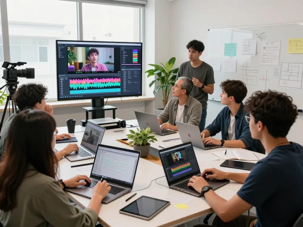 Team analyzing video to prompt generation in a bright studio setting.