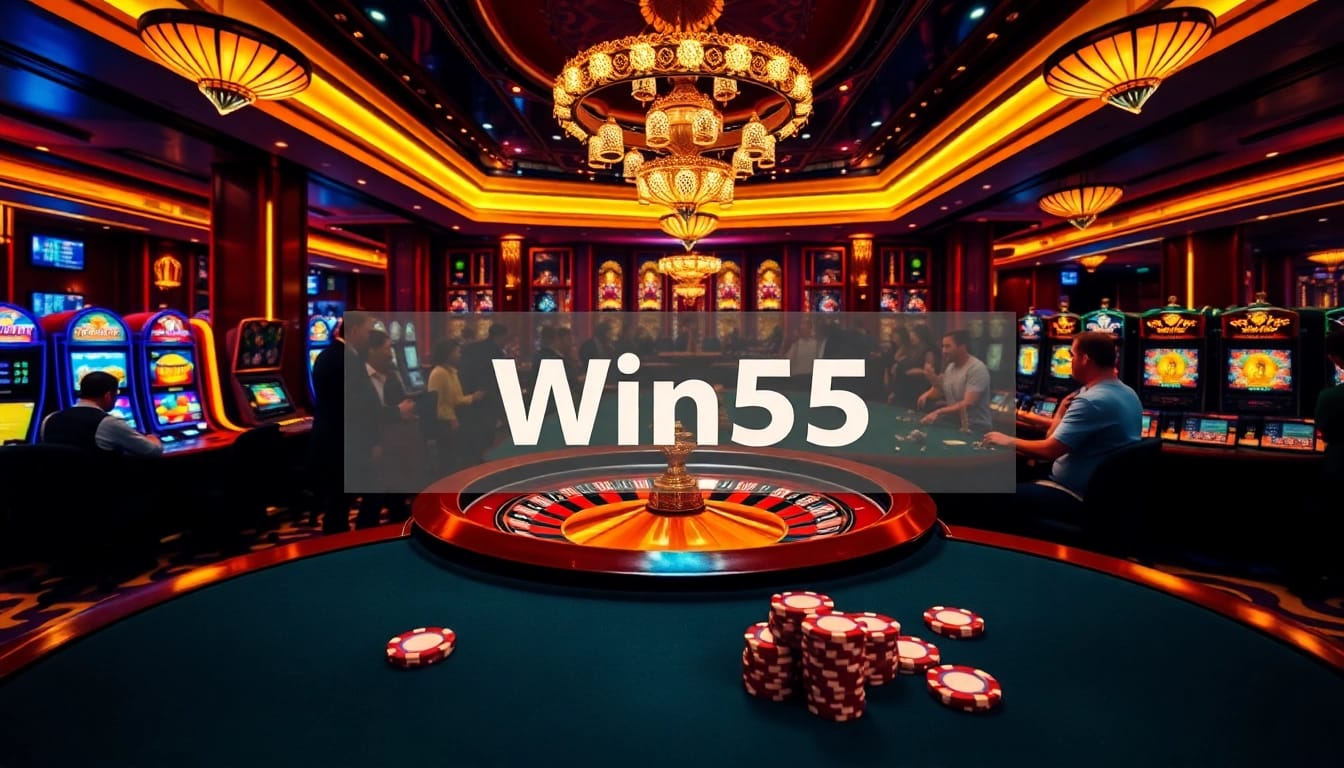 Players enjoying a lively game at a Win55 casino featuring roulette and blackjack tables.