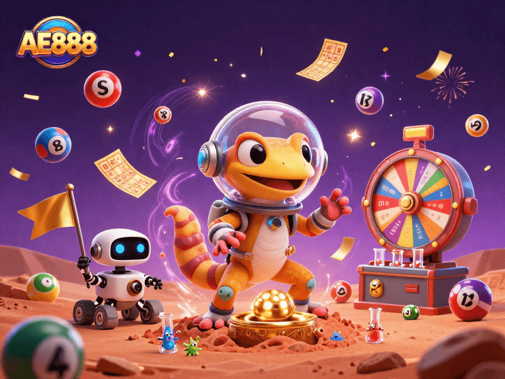 AE888 Martian gecko and robot rover celebrate wins in a vibrant casino scene filled with lottery elements.