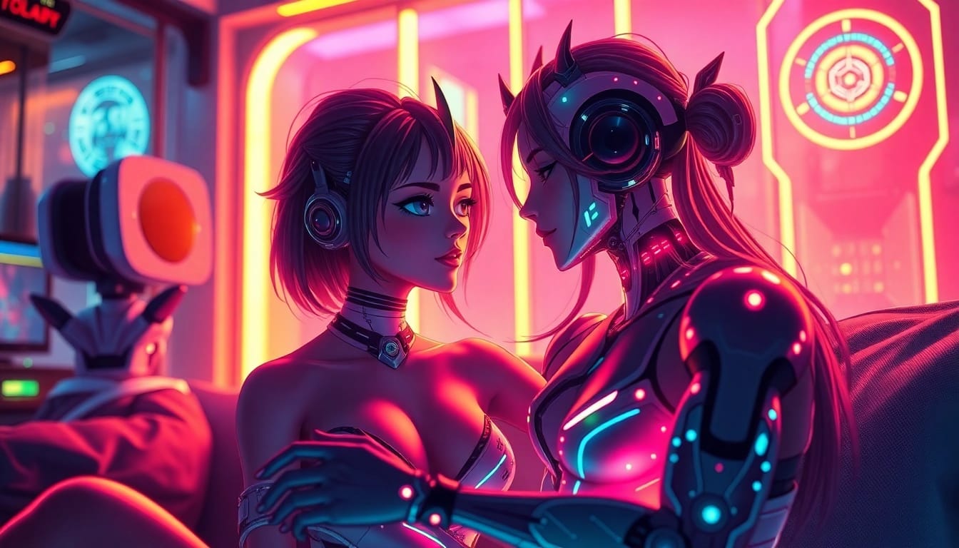 Vibrant NSFW character AI interaction in a cozy, tech-rich virtual space.