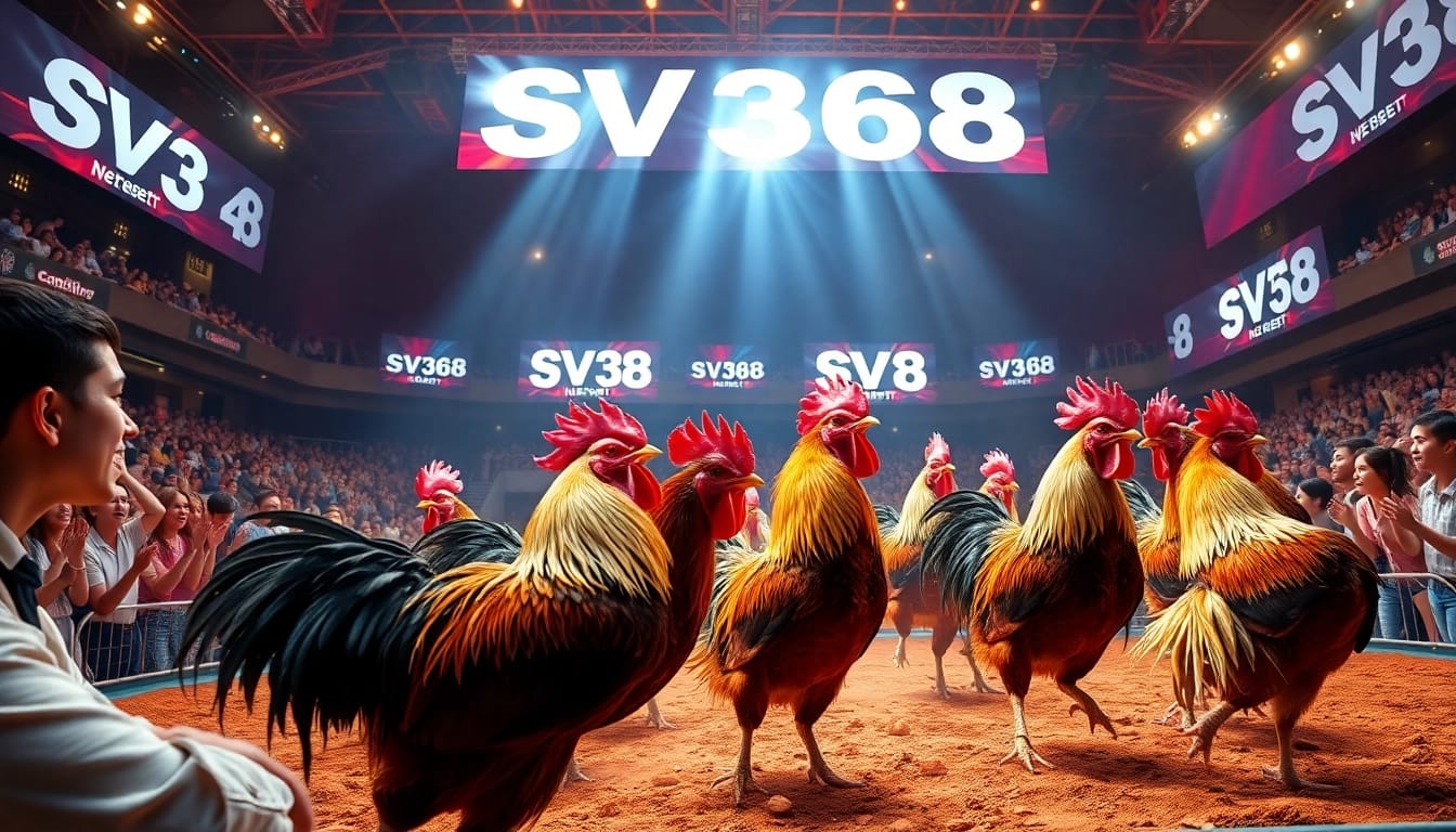 Live cockfighting event at SV368, showcasing excitement and energy with roosters and spectators.