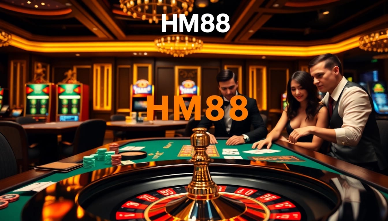 Engage in high-stakes gambling at HM88 casino table with poker chips and cards.