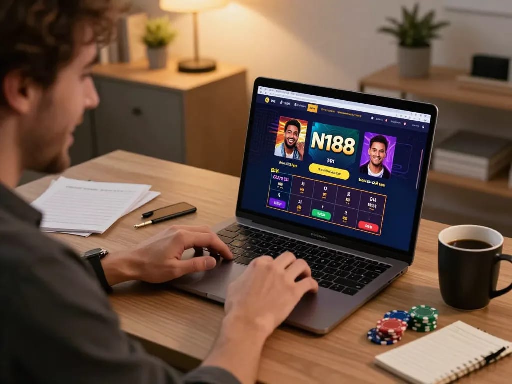 Player engaging with N188 online betting platform in a cozy home office setting.