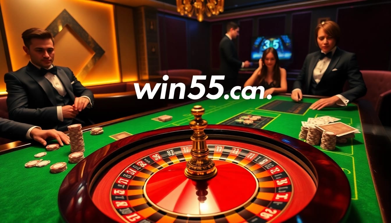 Engage with the excitement of win55 com online casino through luxurious gaming tables, vibrant chips, and a roulette wheel.