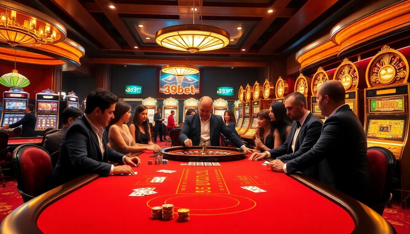 Excited players engaging at the luxurious 39bet casino table surrounded by slot machines.