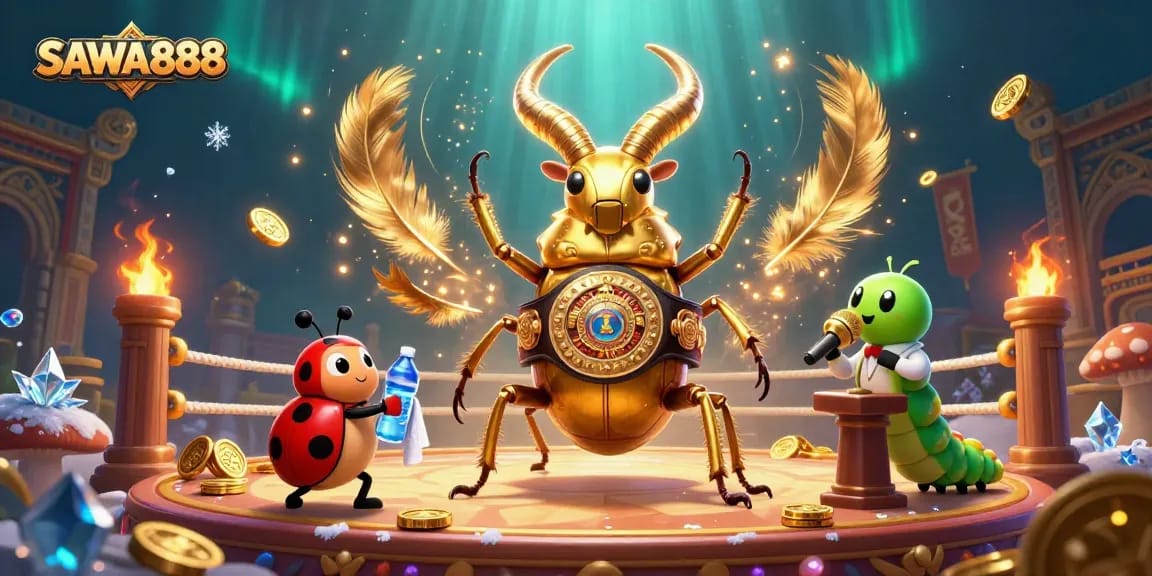 Experience thrilling gameplay with SAWA888 as a giant golden stag beetle takes on the boxing ring!