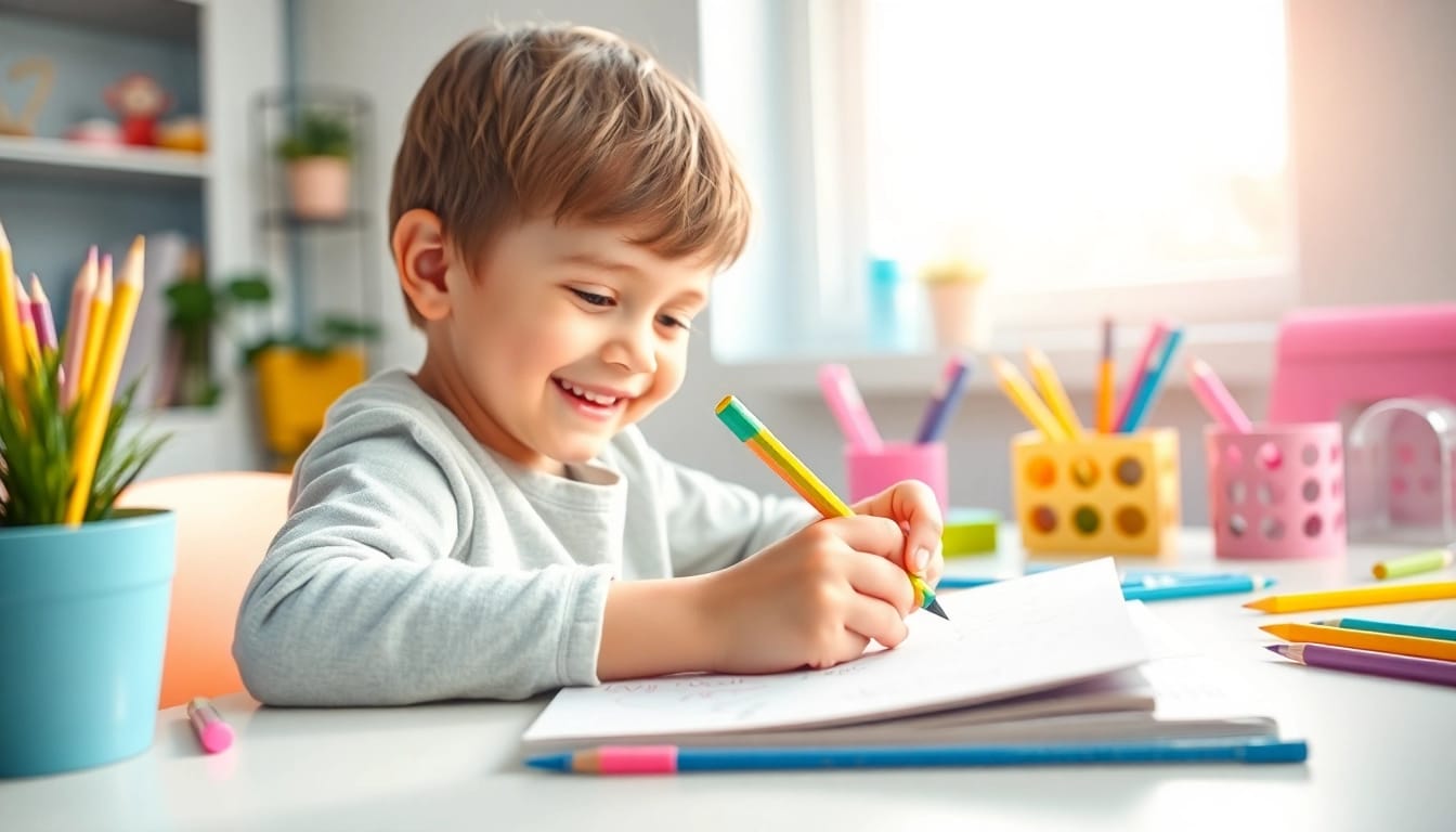 A child holding an easy grip pencil while writing in a colorful notebook surrounded by art supplies.