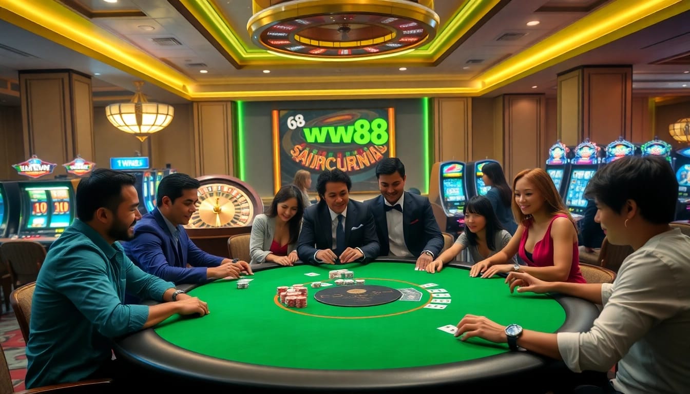 Players engaging at a luxurious poker table representing the excitement of ww88 gaming