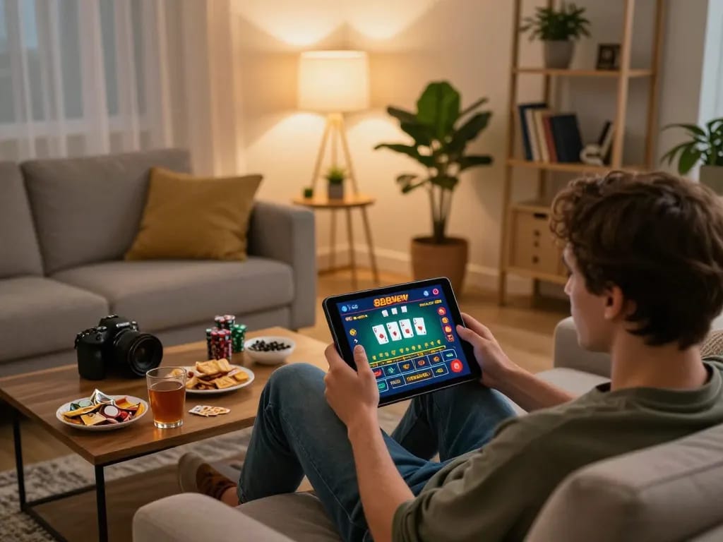 Player engages with the 888NEW casino app on tablet while enjoying snacks in a cozy home setting.