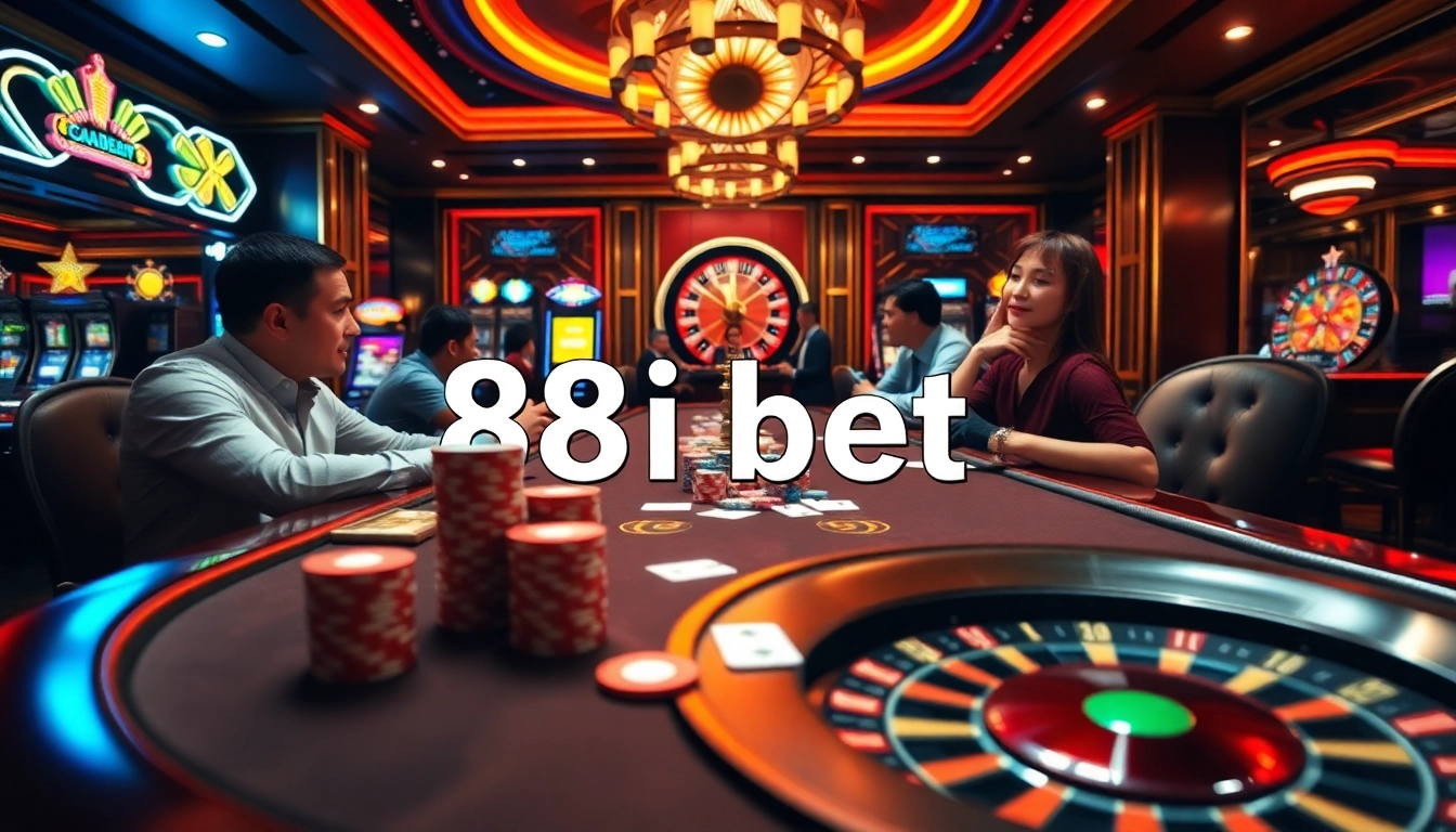 Experience the excitement of 88i bet at a luxurious casino with poker players and vibrant lights.
